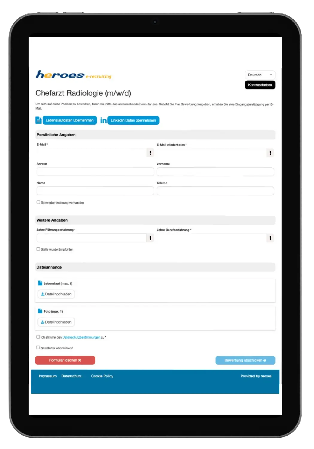 online Formular in einem IPad mockup
